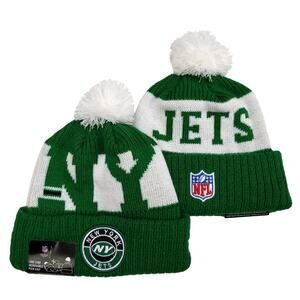NWT New York Jets Large Initial Sports Knit Pom Beanie Fleece Lining OSFA Unisex